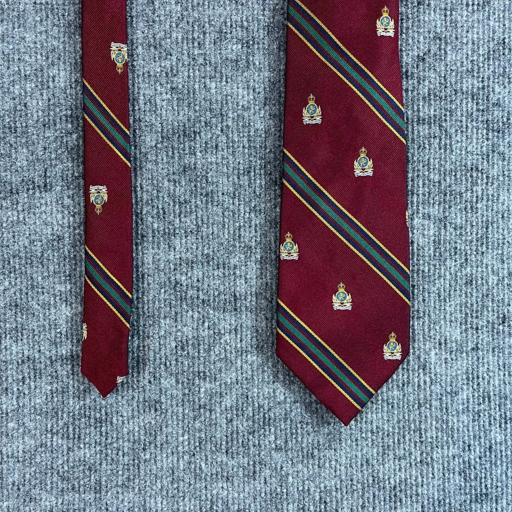 Lands End Mens Silk Necktie Burgundy Crest Repp Stripe Handsewn USA Made